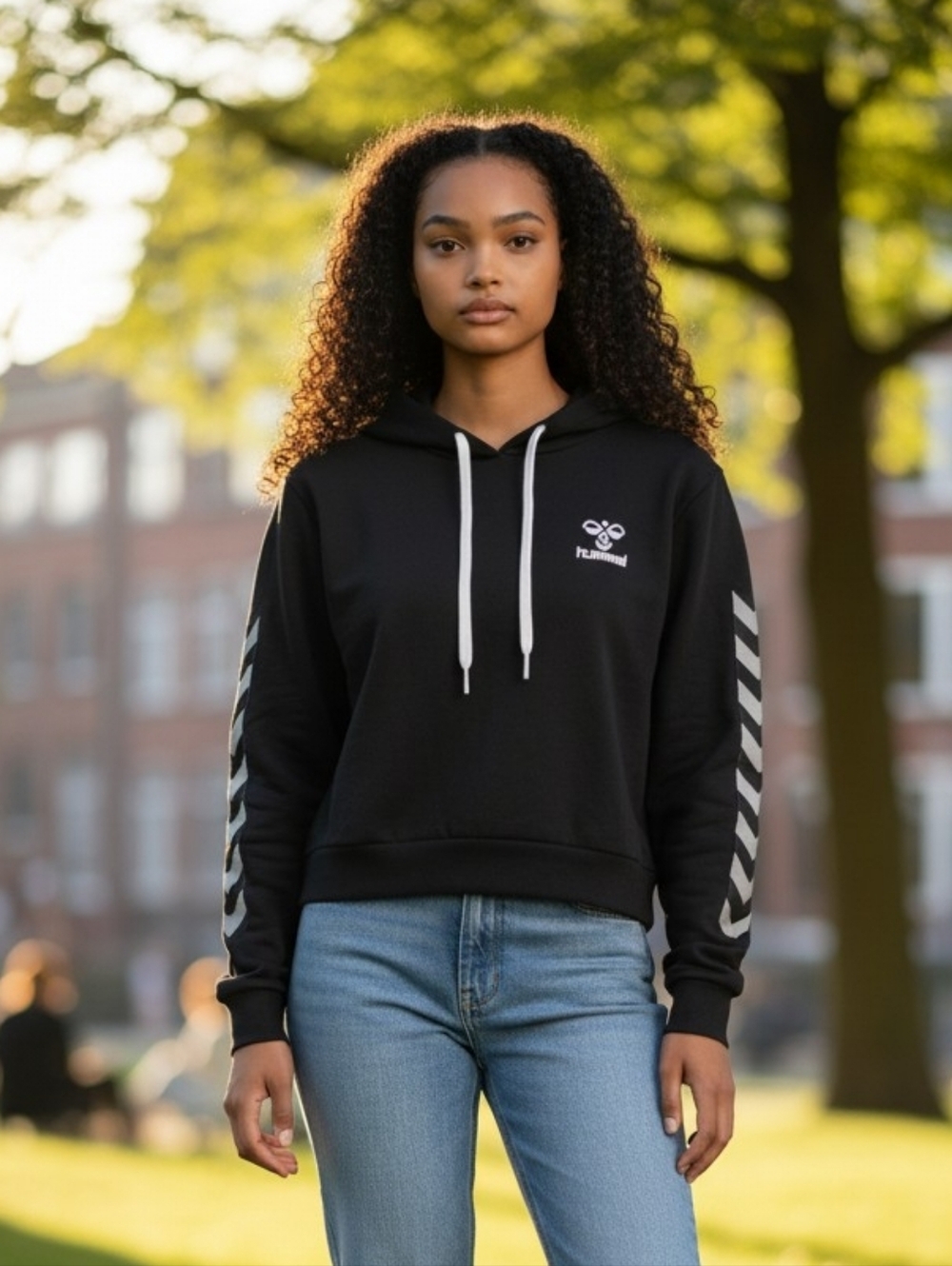 Hummel Black Hoodie with White Logo and Stripes